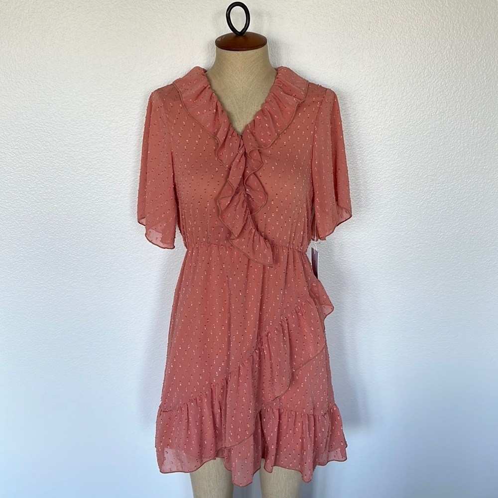 Bishop + Young Zoey V Neck Ruffe Mini Dress in Coral Size S
